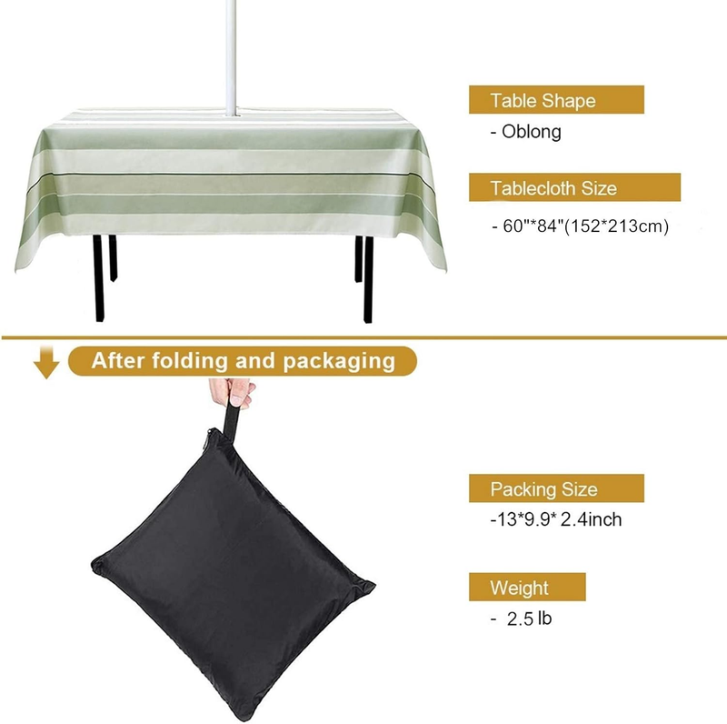 Outdoor Tablecloth with Umbrella Hole and Zipper Rectangle Stripe Table Cover fo