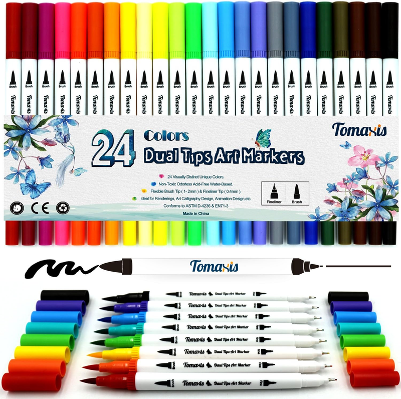 Dual Tip Brush Pens Adult Colouring Pens Felt Tips Watercolor Brush Art Marker,