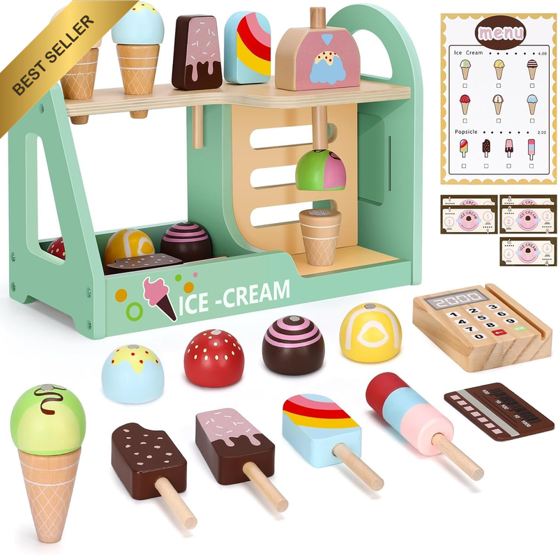 Wooden Ice Cream Store Playset with Menu and Kitchen Accessories for Toddlers