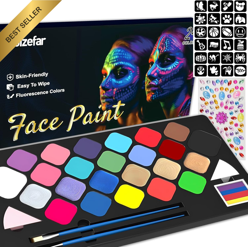 24 Color Water Based Face Paint Kit Stencils Professional Makeup Party