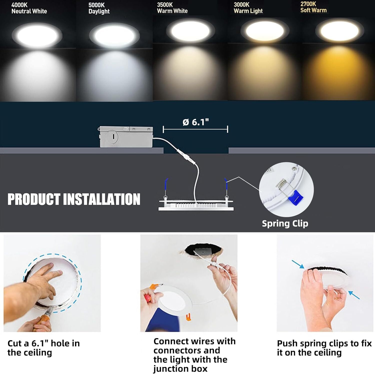 6 Inch 5CCT LED Recessed Ceiling Dimmable Light with Junction Box 2700K-5000K
