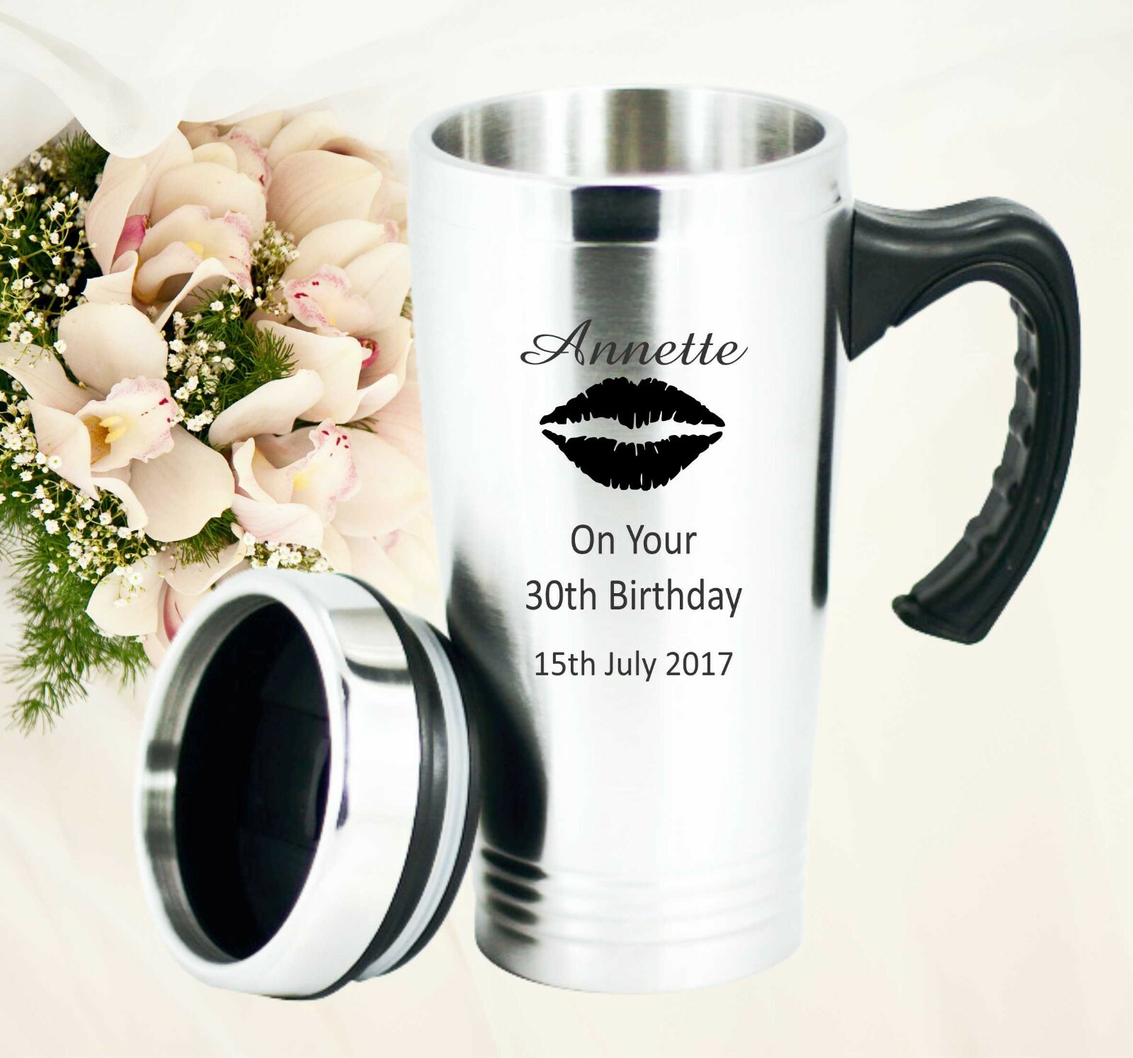 personalised thermal travel mug with handle