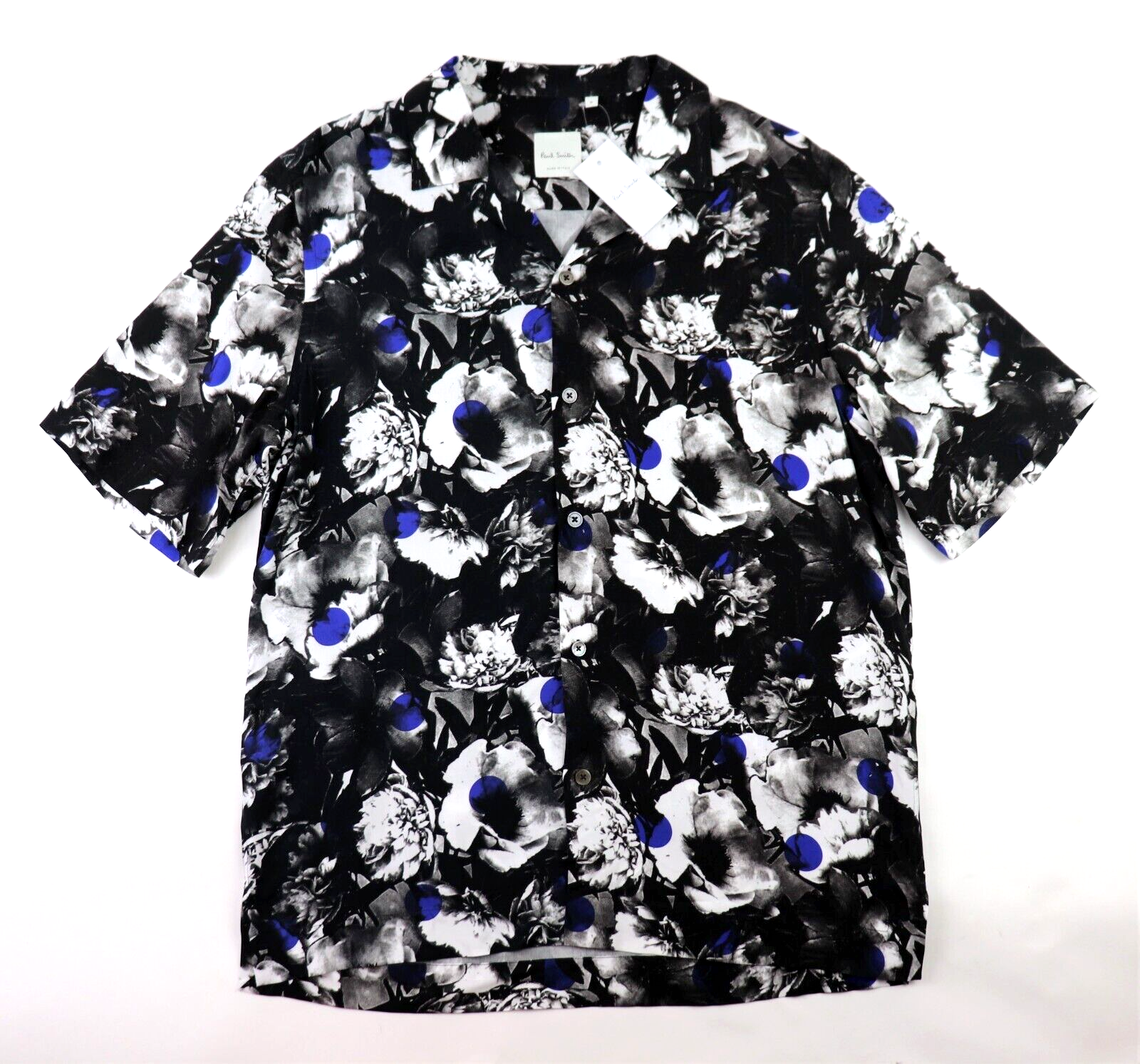 Paul Smith Mens Black White Floral Print Blue Dot Camp Shirt M NWT