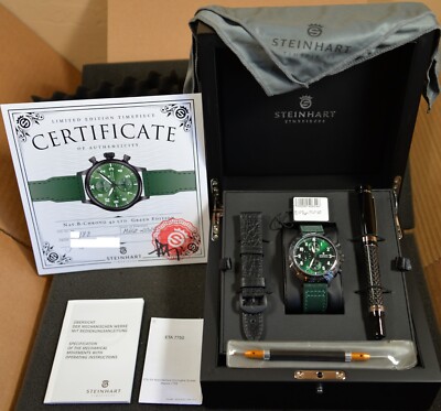 Steinhart NAV B-CHRONO 42 GREEN- Valjoux 7750 - Ex Strap-Tool/Pen -Ltd Ed-UNWORN