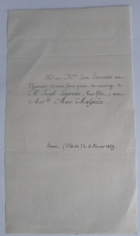 Faire Part Mariage Joseph Laureau Marie Malpiece Fevrier 1859