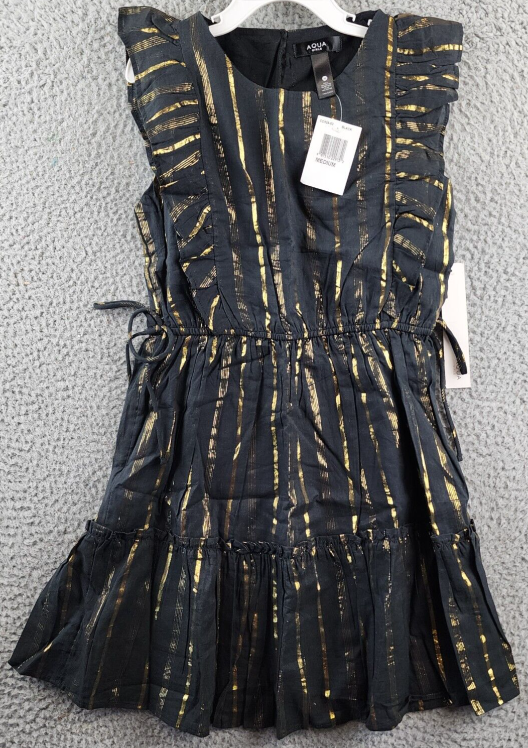 AQUA Metallic Striped Tiered Ruffle Dress Girls' M Black