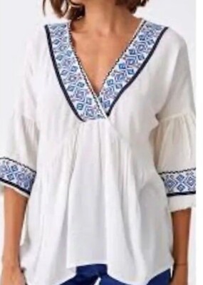 Zara Aztec Embroidered V Neck White Blue Boho Blouse Top Tunic XS NEW