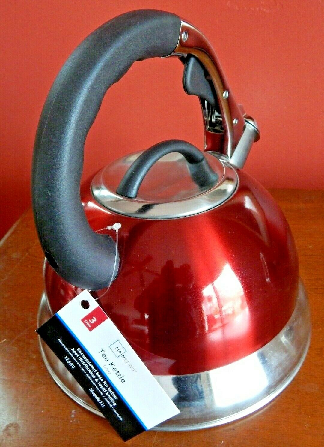 Whistling Red Tea Kettle Stainless Steel Teapot for Stove Top 3L Mainstays NWT