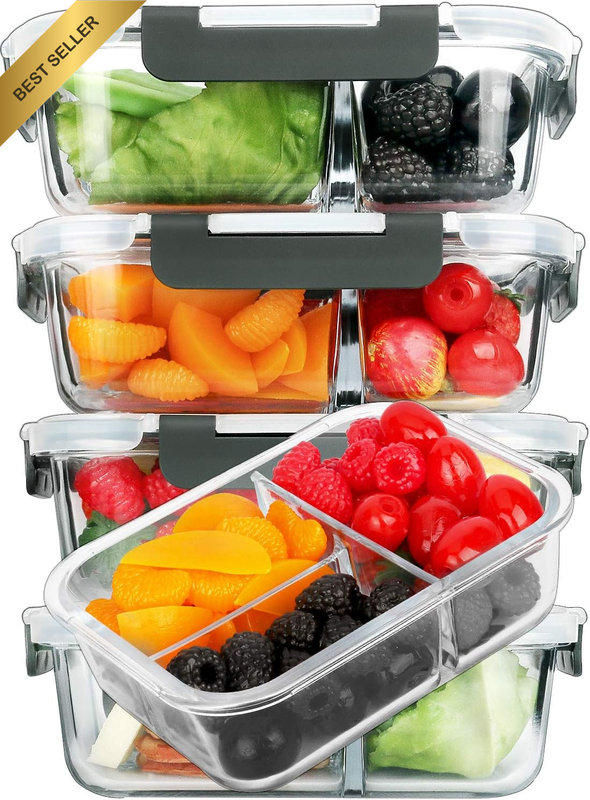 [5-Pack, 36 Oz] Glass Meal Prep Containers 3 Compartment with Lids, Glass Lunch