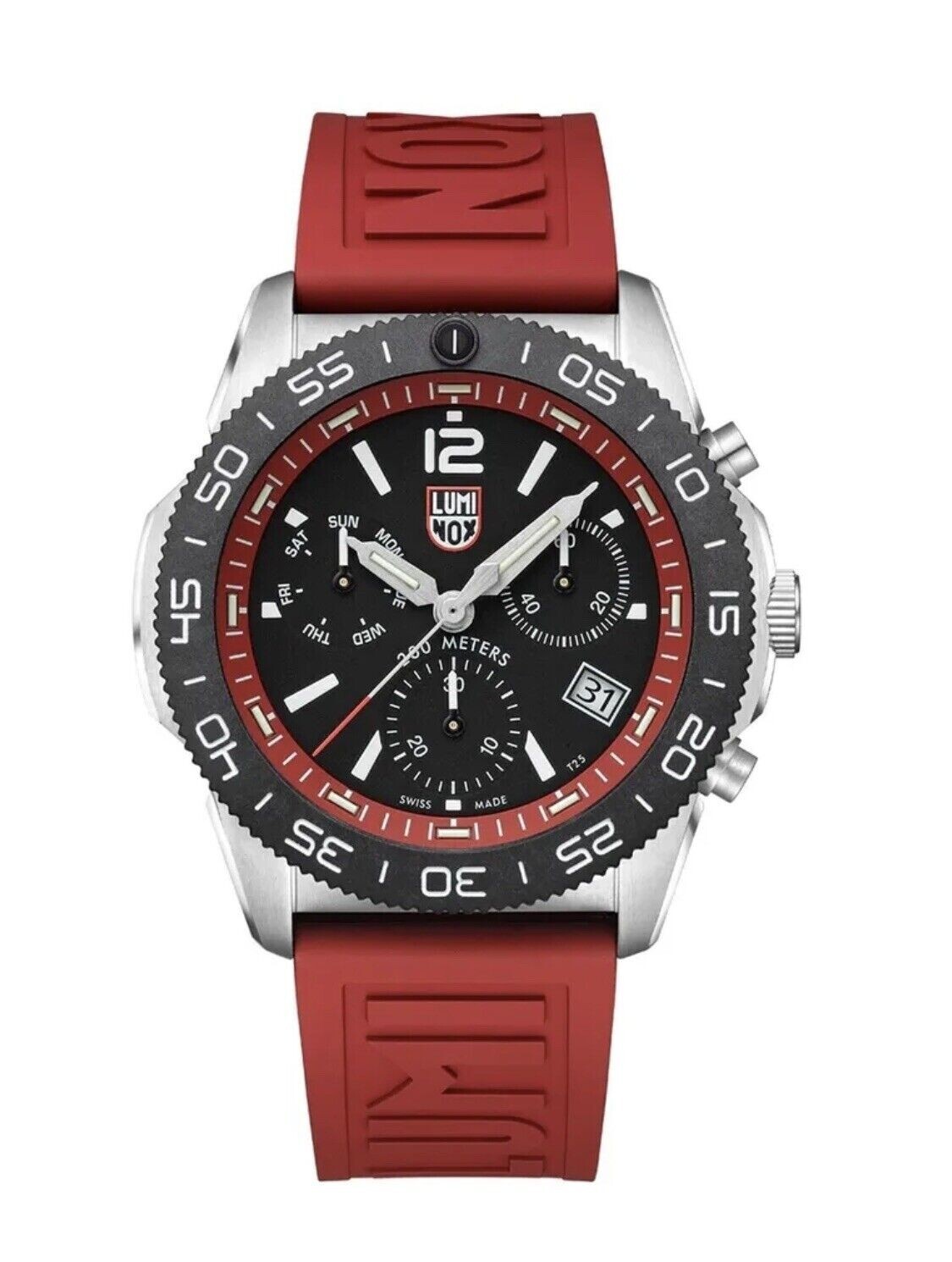 Pre-owned Luminox Pacific Diver Xs.3155 Chrono 44mm Red Rubber Steel Men's Swiss Watch