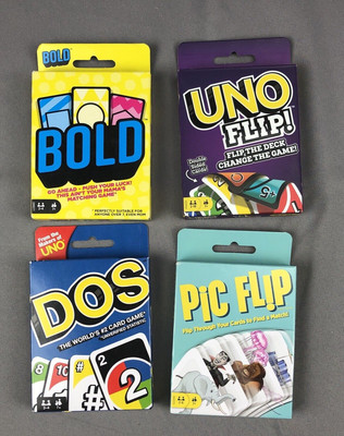 4 Card Games- Bold, Pic Flip, DOS & UNO Flip Mattel Ages 7+