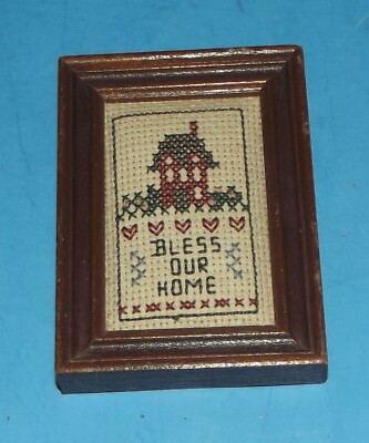 Vintage Needlework Wood Frame Sampler ''Bless Our Home'' Handcrafted 2 3/4''x2 3/4