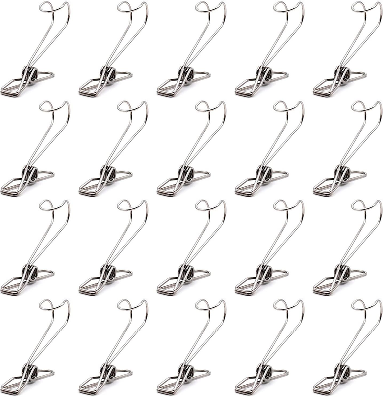 20Pcs Stainless Steel Long Tail Clip with Hooks Clothes Pins, Hollow Out Metal W