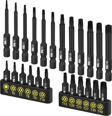 24PC Tamper Resistant Star Bits T5 - T40 Security Torx Bit Set 1'' & 2.3'' Long S2