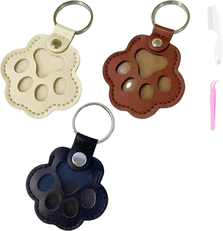 Cat & Dog Hair Keychain - Paw Shaped Leather Memorial Keepsake for Dog Cat Fur S