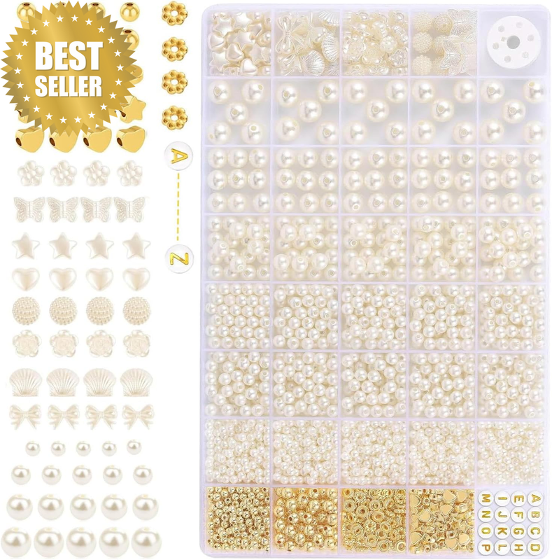 1860Pcs Ivory White Pearl Beads for Bracelets Making,Spacing Bead Set,Multi Shap
