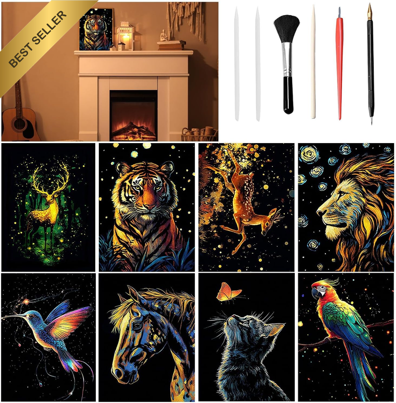 Luminous Rainbow Scratch Art Kit 8-Piece Animal Theme, Creative Art Supplies wit