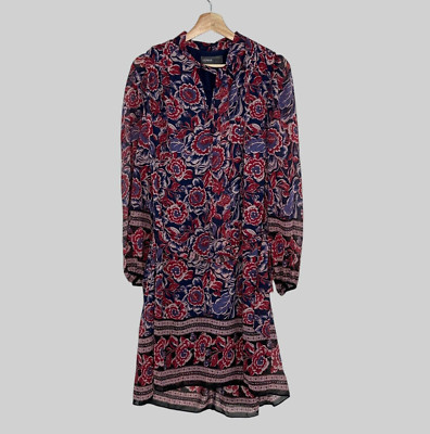 Donna Ricco Boho Peasant Midi Dress  14 Key Hole Neck Floral Belted Puff Sleeve