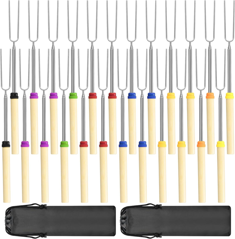 24 Pack Marshmallow Roasting Sticks Set, Extendable 32In Long Metal Barbecue Ske