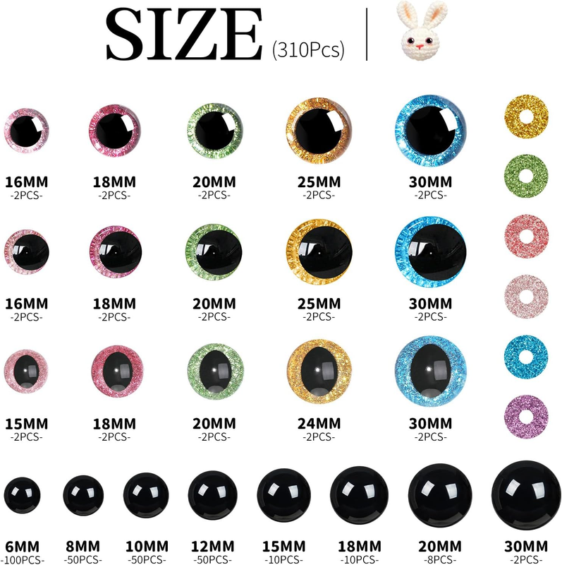 310PCS Safety Eyes for Crocheting with Washers 6-30mm Glitter Safety Eyes for Am