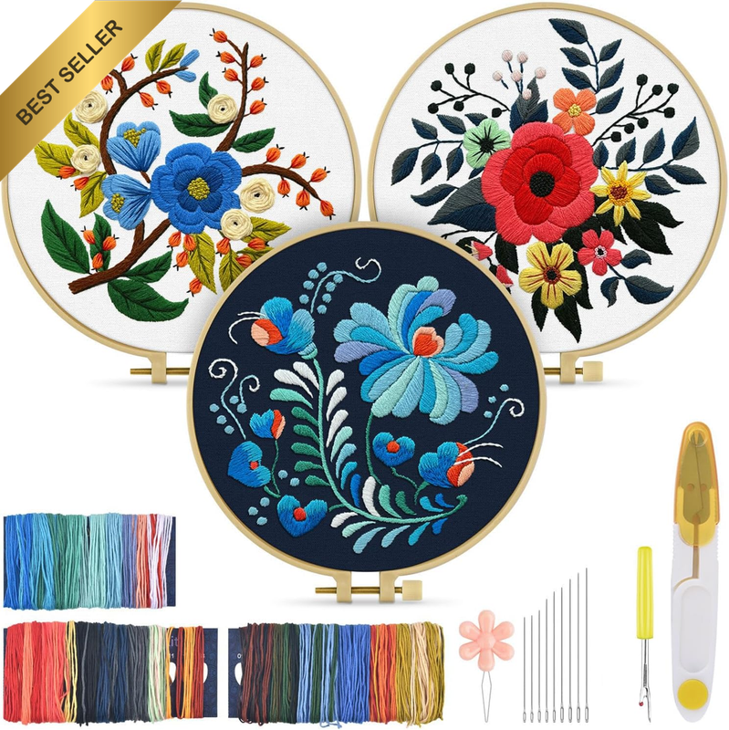 3 Sets Embroidery Kit for Adults, Floral Embroidery Practice Kit for Beginners I