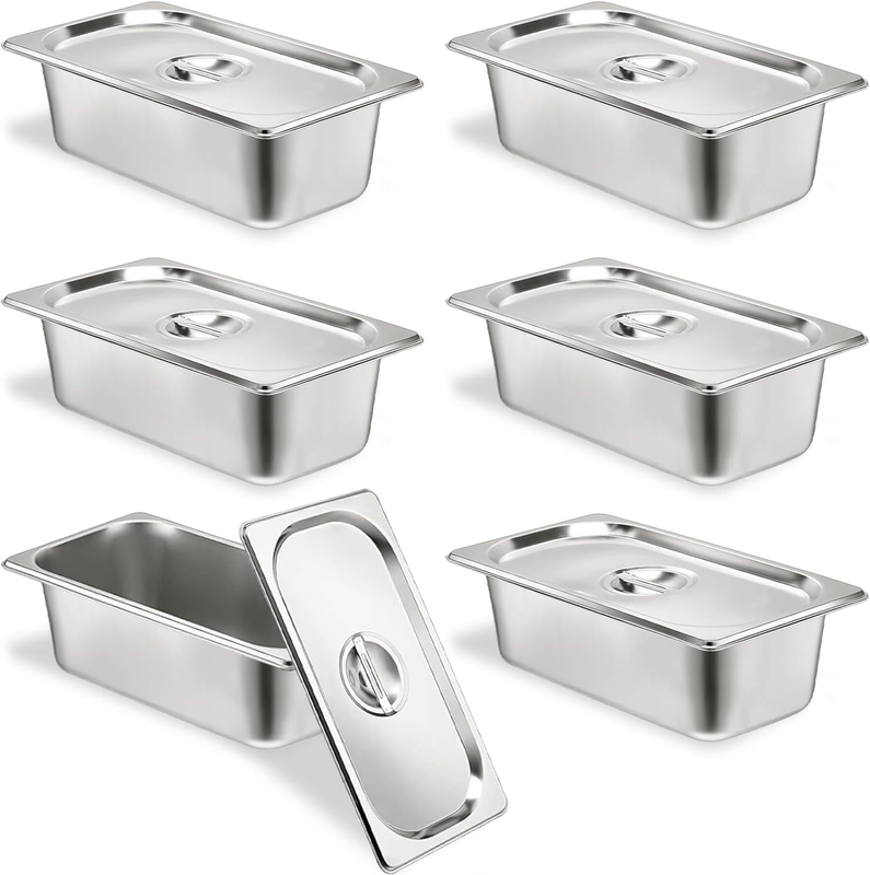 6 Set Stainless Steel Hotel Pans 1/3 Size 4 Inch Deep with Lids, Anti-Jam Chafing Steam Table Pans, Catering Food Storage Metal Pan