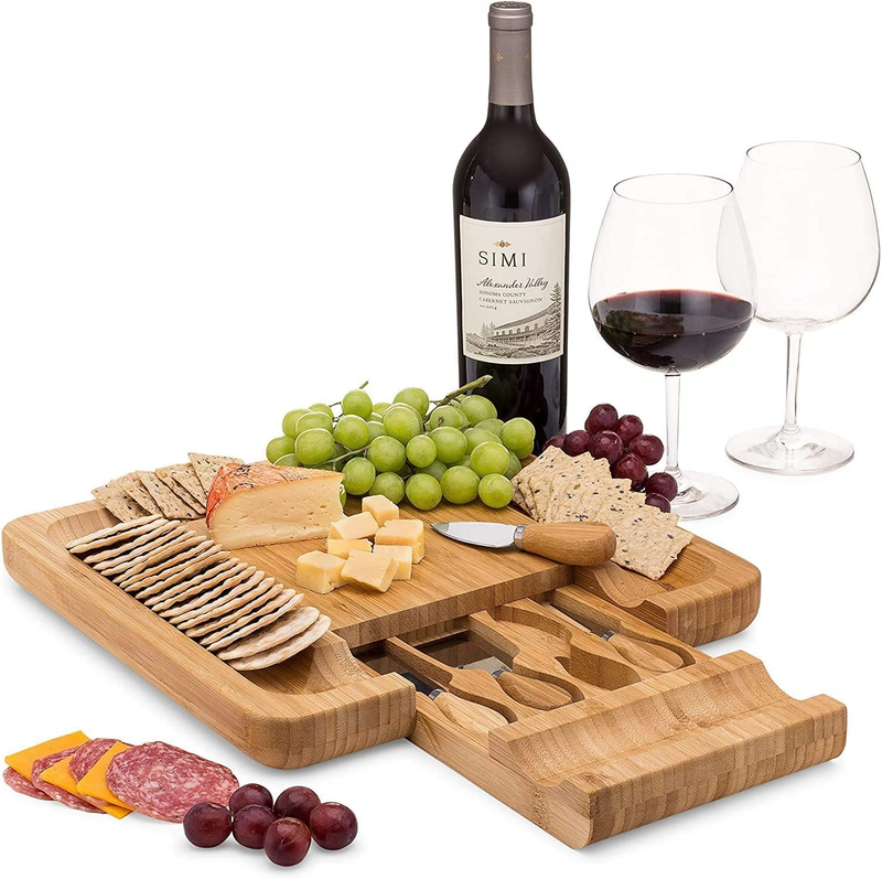 Bamboo Cheese Board Charcuterie Board Set with Cutlery - Slide-Out Drawer Includ