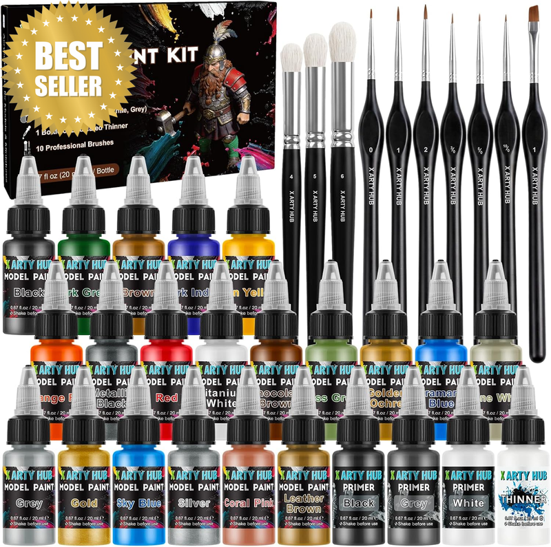 Model Paint Kit, 20 Colors with 10 Brushes, 3 Primers & Thinner | Miniature Pain