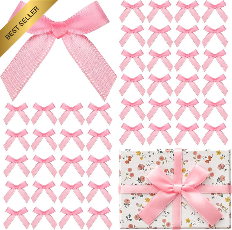 50 Pcs Mini Pink Bows for Crafts, 1.57" Small Satin Ribbon Bows for Gift Wrappin