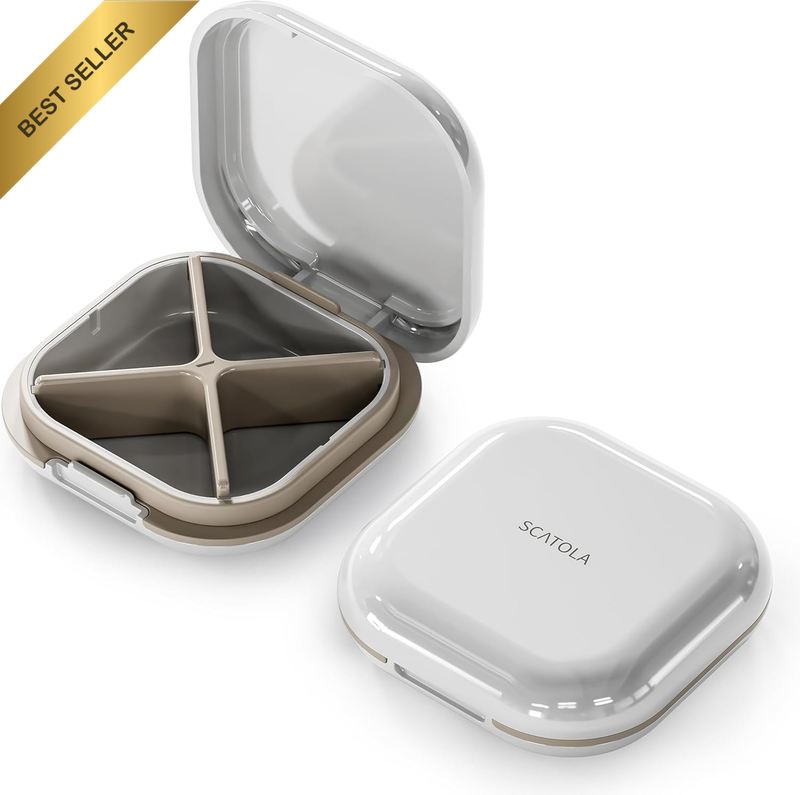Small Pill Case, Travel Pill Box with 4 Compartments, White Grey