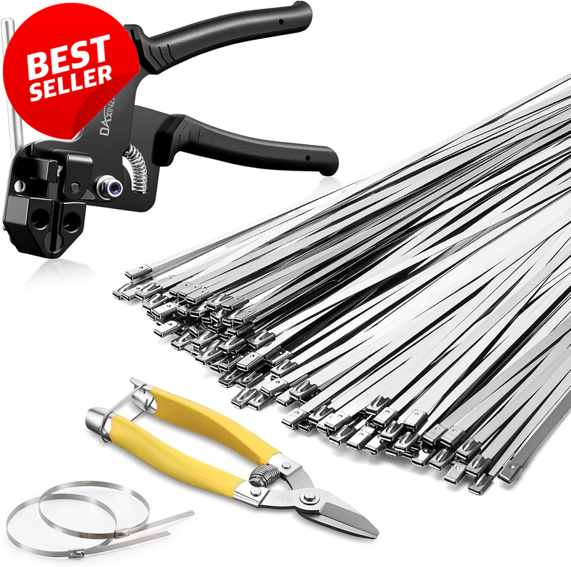 304 Stainless Steel Cable Tie Gun Kit 100Pcs Metal Zip Ties Heavy Duty Tool - US