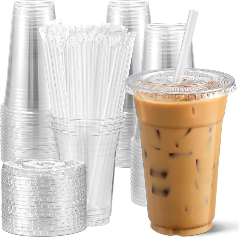 [100 Sets 12 Oz Clear Plastic Cups with Lids and Straws, Disposable Cups with Li