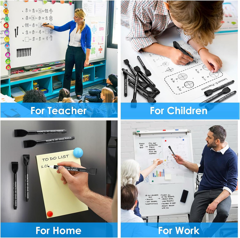 Black Magnetic Dry Erase Markers Fine Tip, Whiteboard Markers with Eraser, Fine