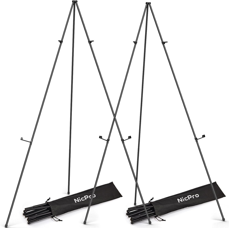 Folding Easels for Display, 2 Pack 63 Inch Metal Floor Easel Stand Tripod Black