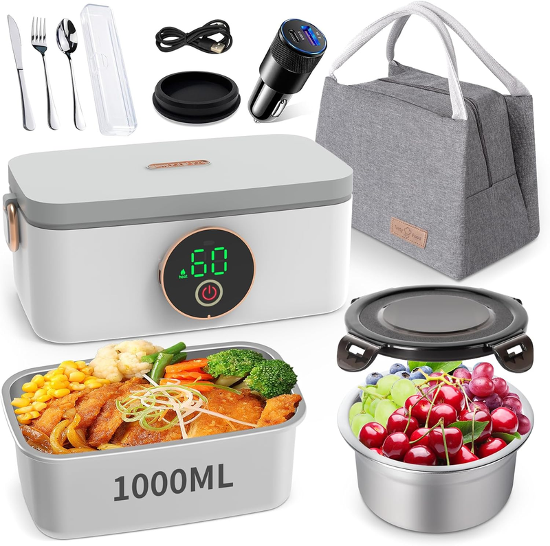 1L Cordless Electric Lunch Box, Rechargeable Heated and Self Heating Lunchbox with Cutlery and Insulated Lunch Box Bag, Food Warmer for Travel, Picnic, Camping