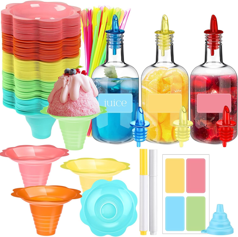 110 Pcs 8Oz Colorful Snow Cone Syrups with Spoon Straws 16Oz Plastics Snowcone B