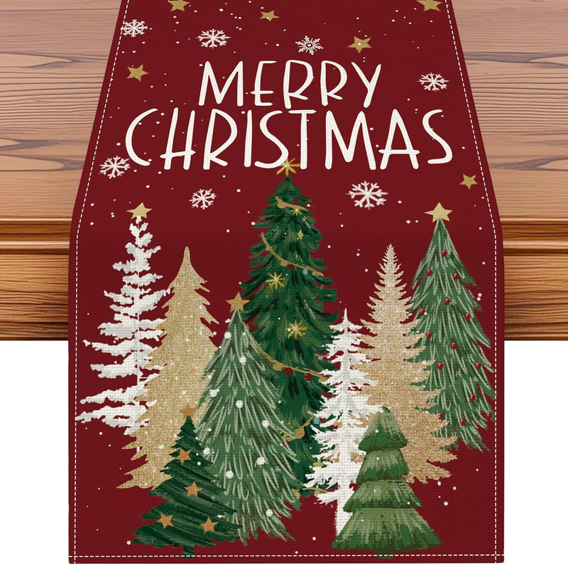 Christmas Tree Table Runner, Xmas Winter Snowflakes Holiday Kitchen Dining Table
