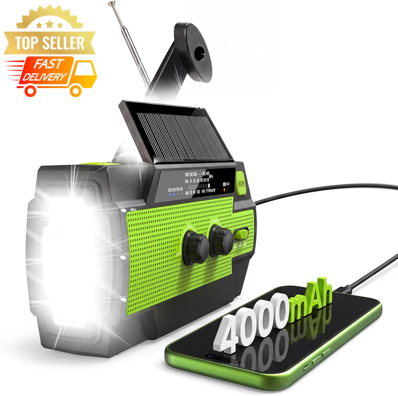 Emergency Crank Radio AM FM NOAA, 4000mAh USB Solar Charger, Torch & SOS Lamp