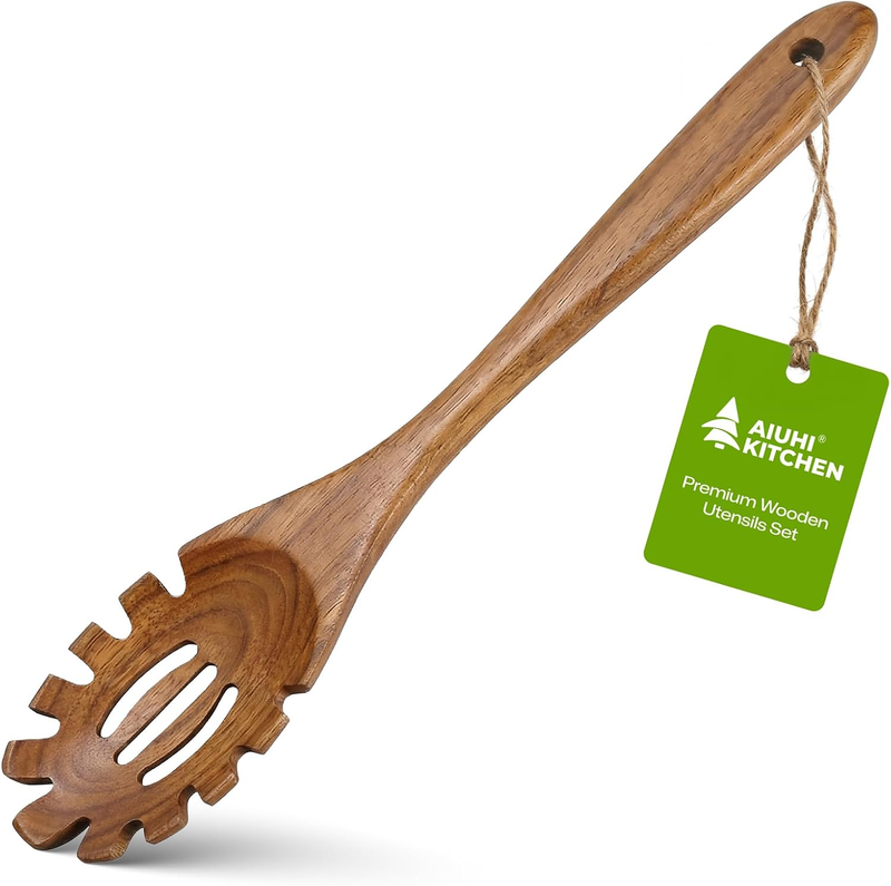 Wooden Pasta Spoon with Teeth, Teak Wood Spaghetti Server with Hanging Hole, Non