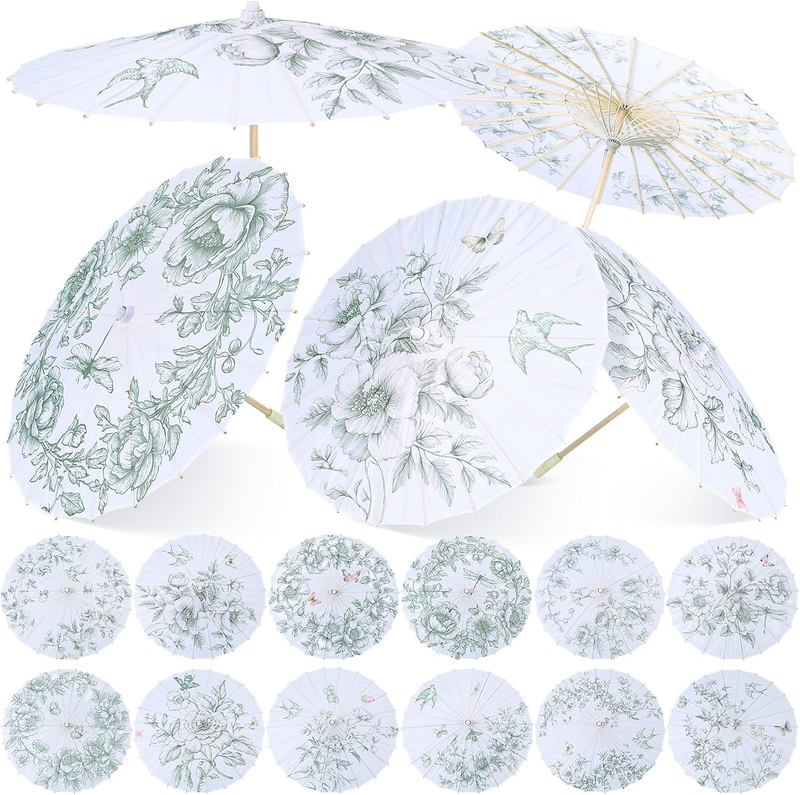 12 Pcs Chinese Oiled Paper Umbrella for Weddings 32 Inch Bamboo Silk Chinese Japanese Parasol Flower Art Dance Umbrella for Bridal Showers Favor Photography Costumes Props(Verdant Green,Delicate)