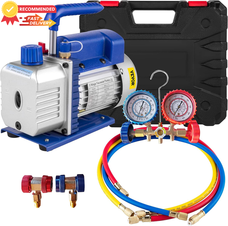 4CFM 1/4HP Vacuum Pump HVAC A/C Refrigerant Rotary Vane + Manifold Set