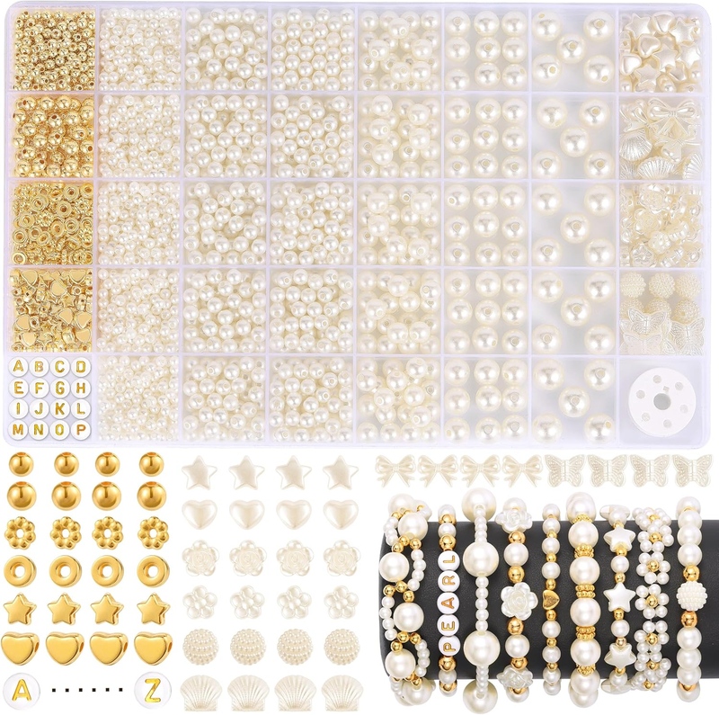 1860pcs Beads Bracelet Making Kit, 5 Sizes Round White Pearl Beads, Multi-shape