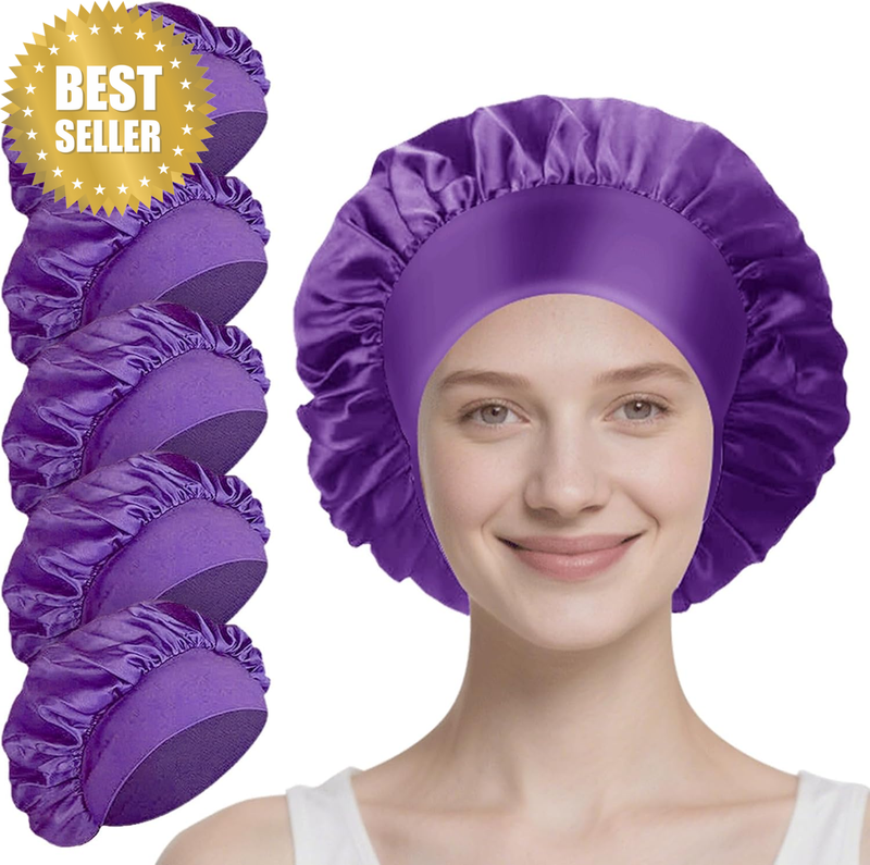 Purple Satin Bonnet for Women 5 Pack – 30Cm No-Slip Sleep Cap with Elastic Band,