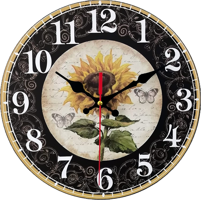 10 Inch Sunflower Kitchen Wall Clock Rustic Farmhouse Clocks, Thick Wood Home De