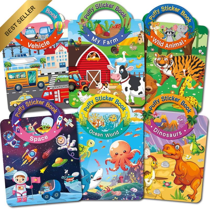 6 Sets 3D Puffy Sticker Books for Kids 2-4, Reusable Sticker Books, Travel Toys