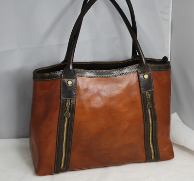 Firenze Cognac and brown leather shoulder tote Handbag brass hardware