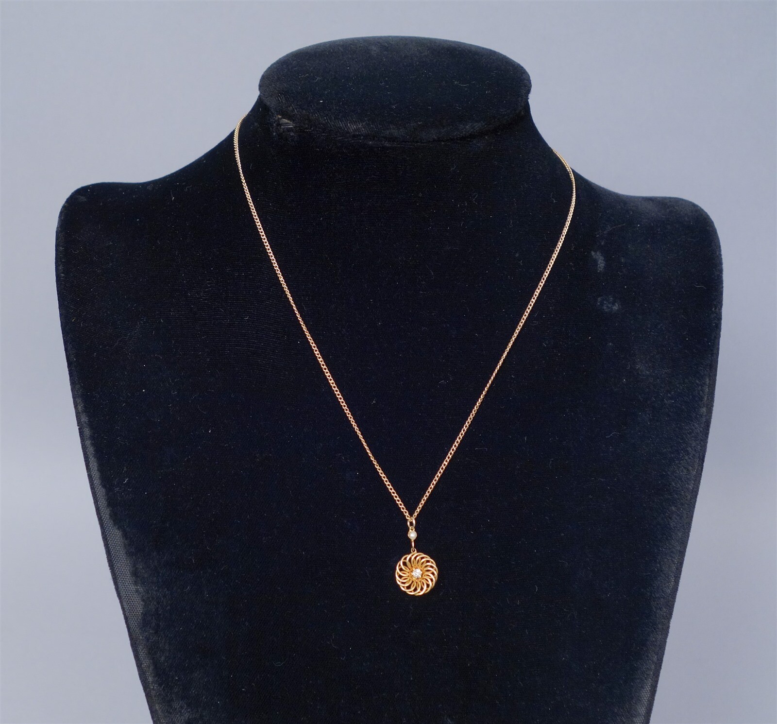 Antique Early 20c 14K Gold Diamond Seed Pearl Filigree Lavalier Necklace