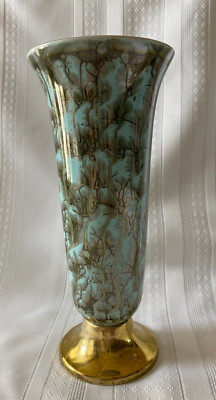 Vtg. Hand Painted Delftware Pottery Vase Brass Foot, Holland Turquoise Blue 8.5 