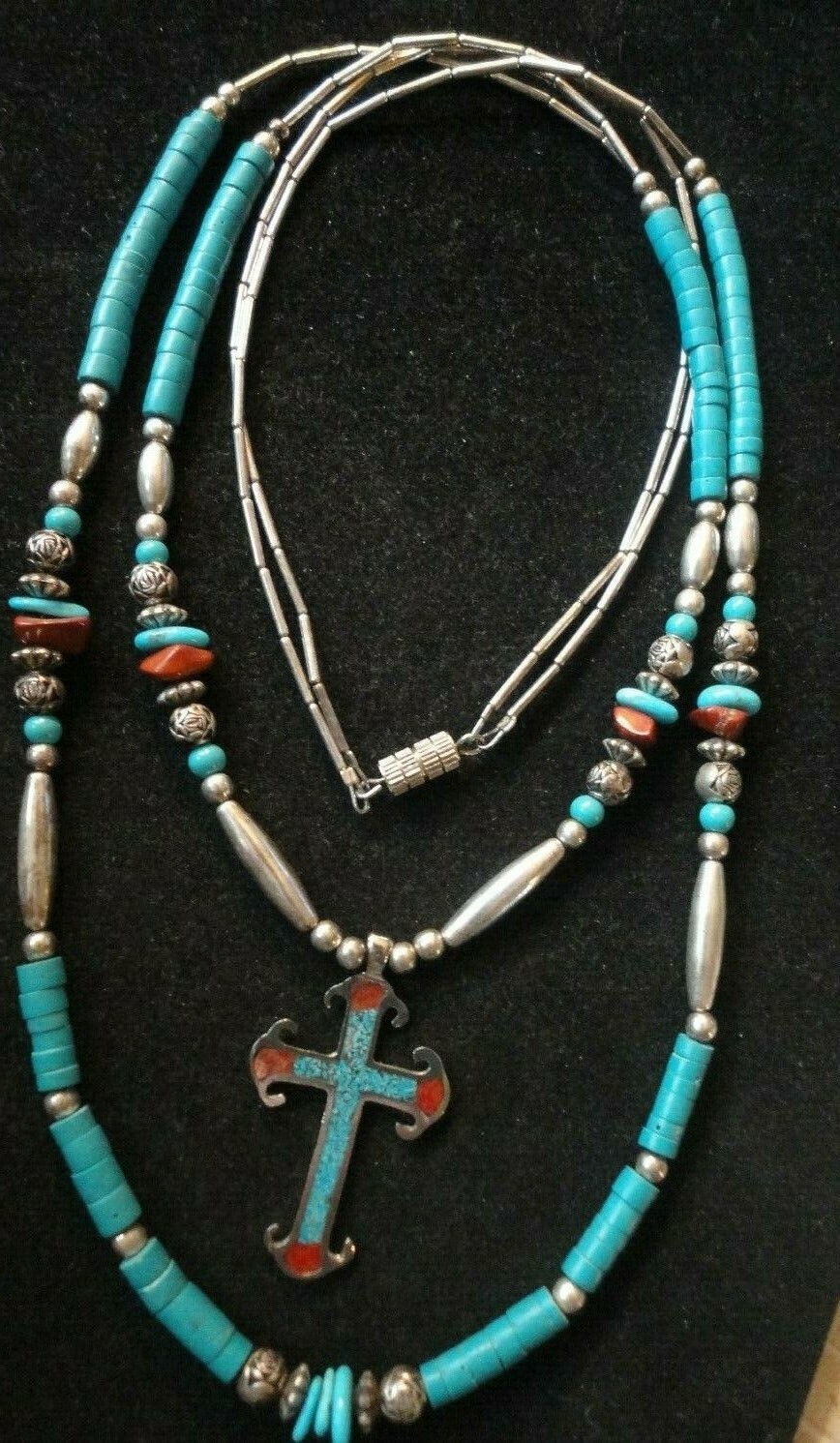 Southwestern Sterling Silver Turquoise & Red Coral Bead With Cross 23