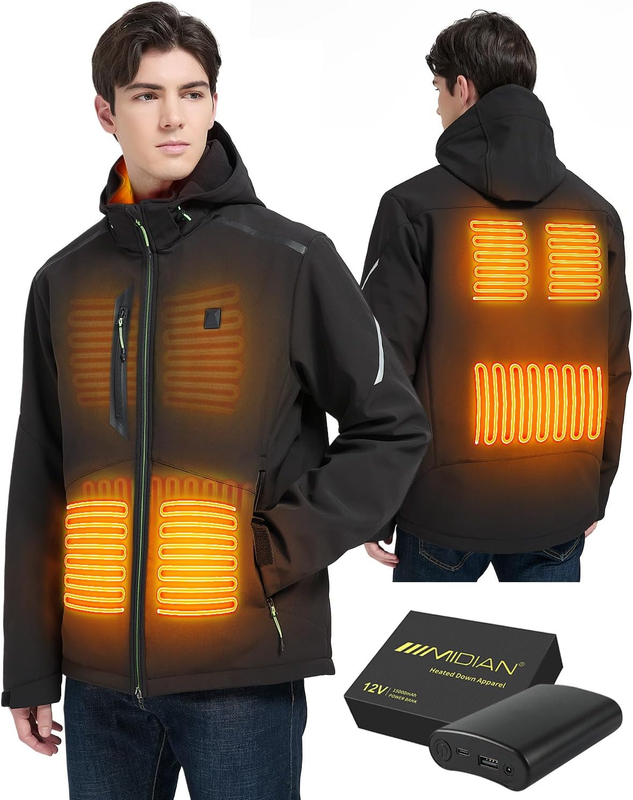 Heated Jacket for Men 12V Battery 5 Large Heat Zones Soft Shell Heating Coat Overheat Protection & Detachable Hood